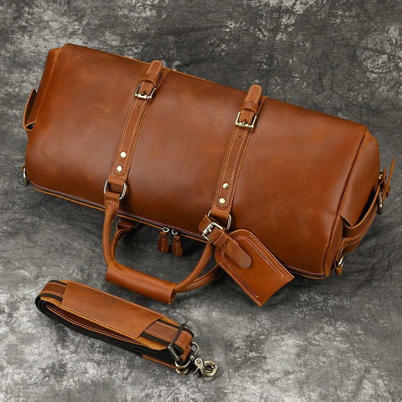 50cm Vintage Style Men's Leather Travel Duffle Bags 100% Cowhide Leather Travel Bag Baggage Bags On Luggage 2023 New Arrivals