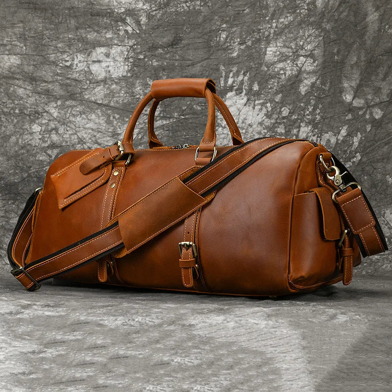 50cm Vintage Style Men's Leather Travel Duffle Bags 100% Cowhide Leather Travel Bag Baggage Bags On Luggage 2023 New Arrivals